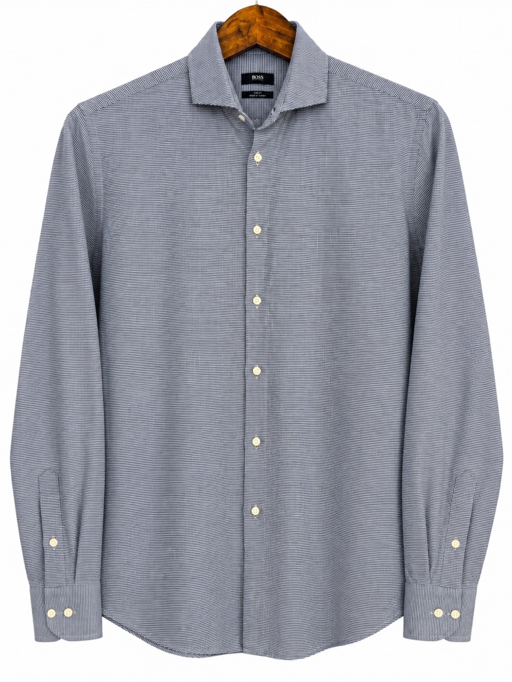 Hugo Boss Slim Fit Blue Micro Check Linen Blend Stretch Button Up Shirt M 39